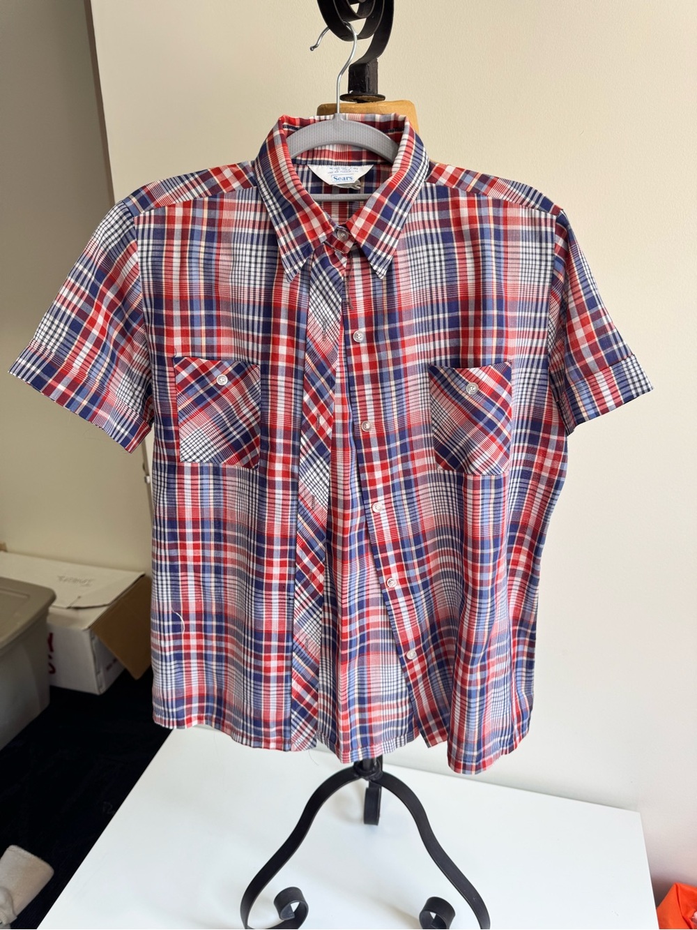 Vintage Sears 1970s Plaid Short Sleeve Button Down Shirt